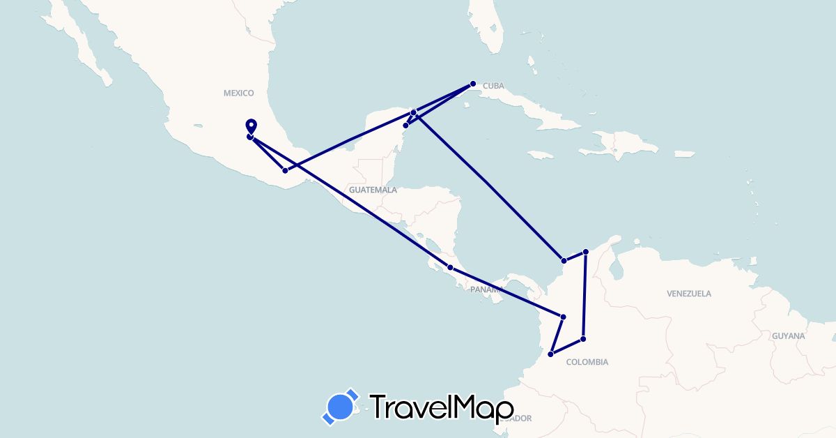 TravelMap itinerary: driving in Colombia, Costa Rica, Cuba, Mexico (North America, South America)